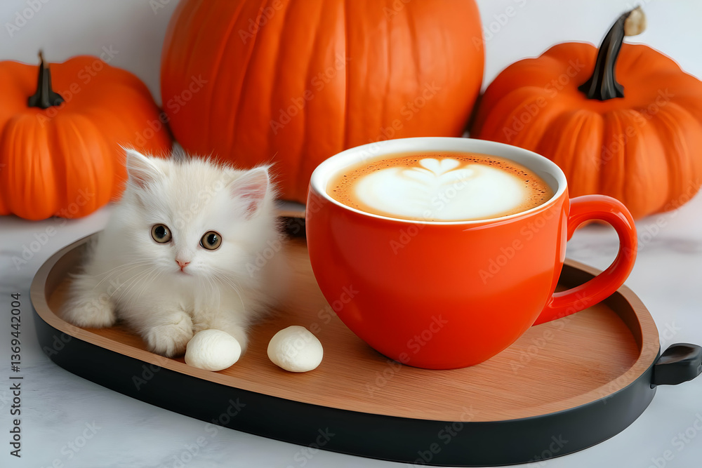 Adorable Kitten Rests Near Latte Art Coffee Cup, Autumn Pumpkins Background, Cozy Fall Scene