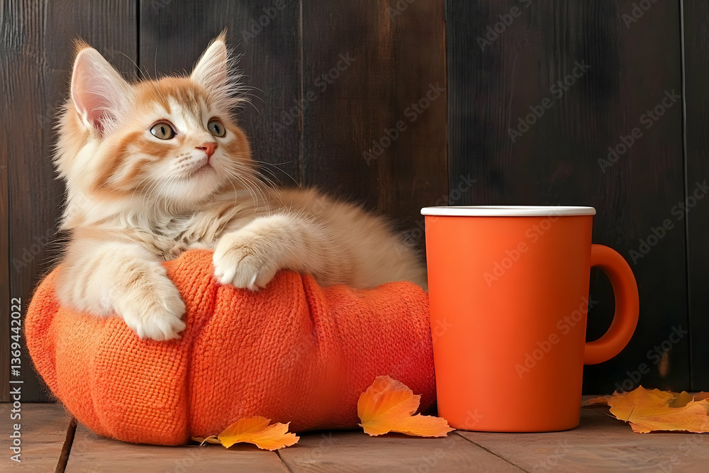 Adorable ginger kitten rests on orange pumpkin blanket near orange mug, autumn leaves scattered on wooden surface.