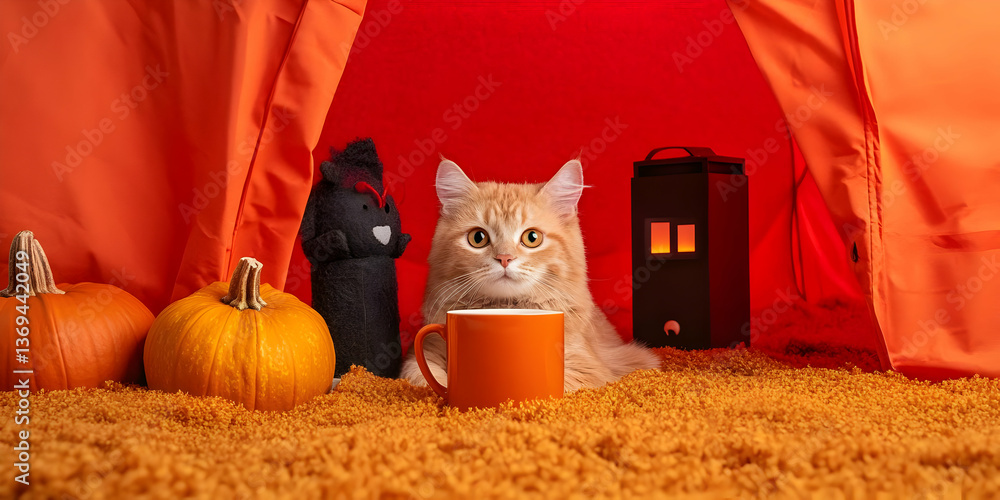 Ginger Cat Relaxes in Autumnal Tent with Pumpkins and Mug