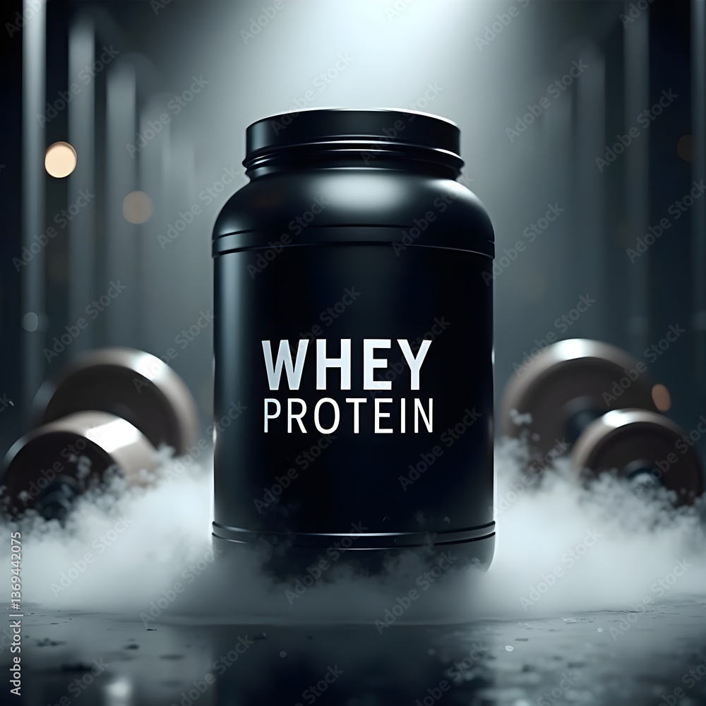 A premium whey protein container stands boldly on a smoky surface, with a dimly lit gym in the background, exuding strength and fitness motivation.