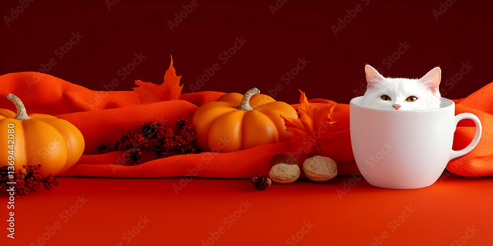 Autumnal Still Life: White Cat in Mug, Pumpkins, and Fall Leaves on Red Background