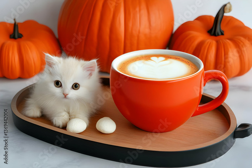 Obraz na płótnie Adorable Kitten Rests Near Latte Art Coffee Cup, Autumn Pumpkins Background, Cozy Fall Scene w salonie