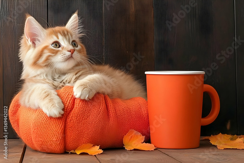 Obraz na płótnie Adorable ginger kitten rests on orange pumpkin blanket near orange mug, autumn leaves scattered on wooden surface. w salonie