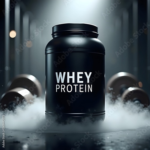Obraz na płótnie A premium whey protein container stands boldly on a smoky surface, with a dimly lit gym in the background, exuding strength and fitness motivation.
w salonie