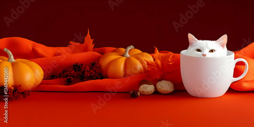Obraz na płótnie Autumnal Still Life: White Cat in Mug, Pumpkins, and Fall Leaves on Red Background w salonie