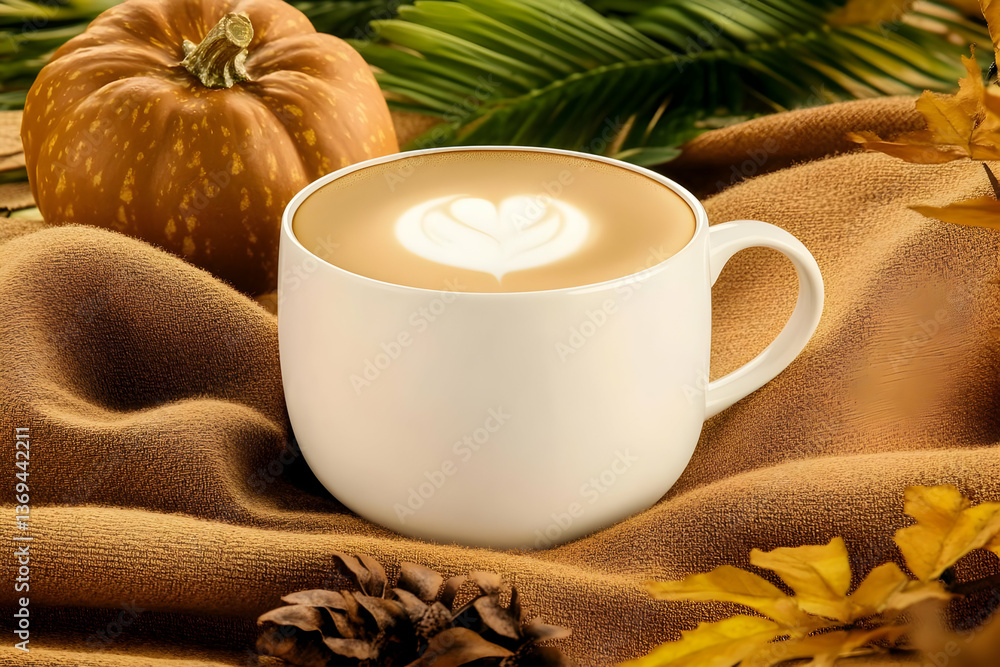 Autumnal Latte Art: A Cozy Cappuccino in White Mug on Brown Fabric with Pumpkin and Fall Leaves