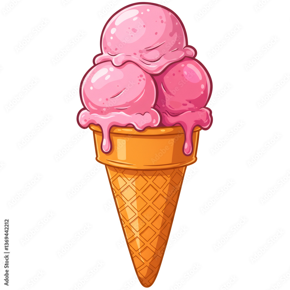 Pink Ice Cream in Waffle Cone, Melted Sweet Treat Pink Ice Cream in Waffle Cone, Melted Sweet Treat