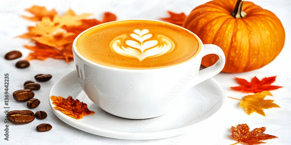 Autumnal Latte Art: A Creamy Coffee in White Cup with Pumpkin and Fall Leaves