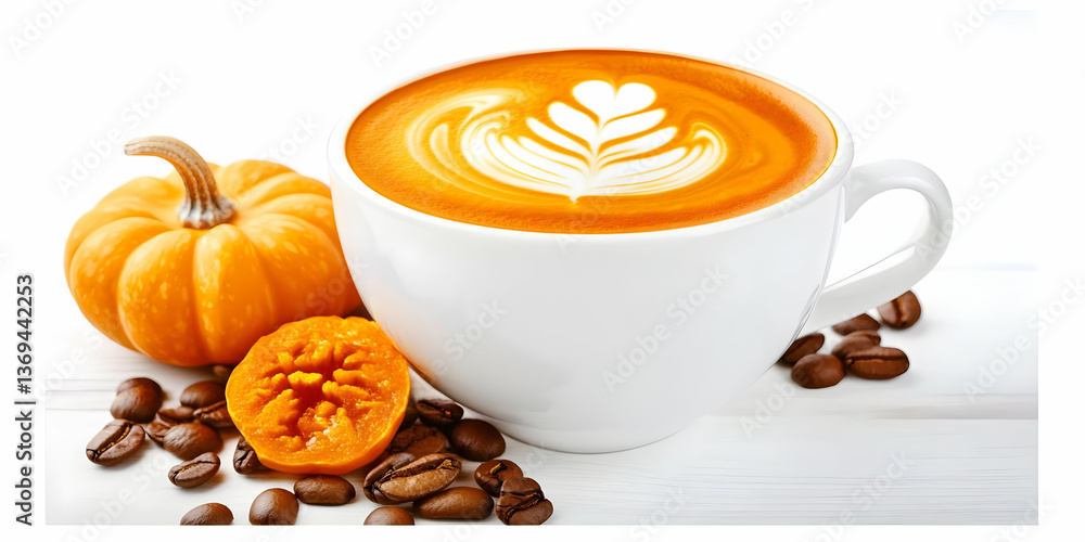 Aromatic Pumpkin Spice Latte with Coffee Beans and Pumpkin Slice, Autumnal Beverage Photography