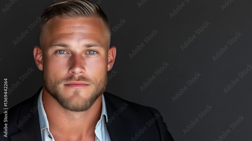Close-up portrait of a man. He has a serious expression, light-brown hair, light-blue eyes, and a short beard. Close-up portrait of a man. He has a serious expression, light-brown hair, light-blue eyes, and a short beard.