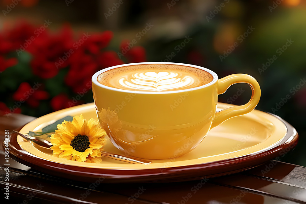 3D Render of a Yellow Coffee Cup with Latte Art, Rests on Saucer with Flower