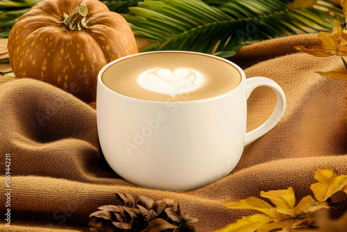 Obraz na płótnie Autumnal Latte Art: A Cozy Cappuccino in White Mug on Brown Fabric with Pumpkin and Fall Leaves w salonie