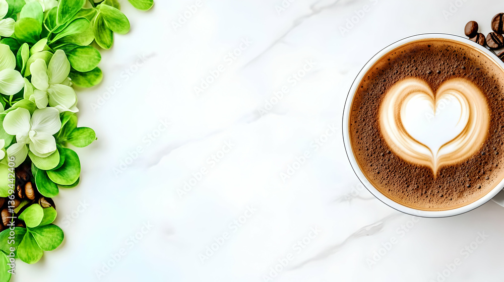 Latte Art with Heart Design in a Cup, White Marble Background and Green Flowers with Coffee Beans