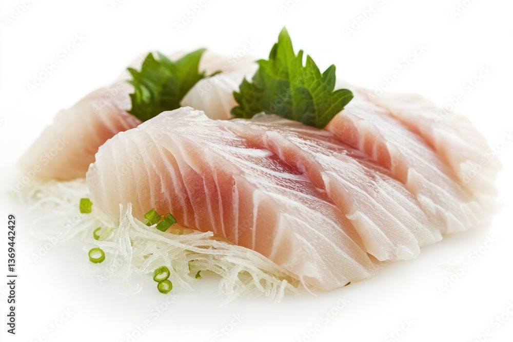 A simple yet elegant presentation of hamachi (yellowtail) sashimi, garnished with grated daikon and shiso leaf, isolated on white. A simple yet elegant presentation of hamachi (yellowtail) sashimi, garnished with grated daikon and shiso leaf, isolated on white.
