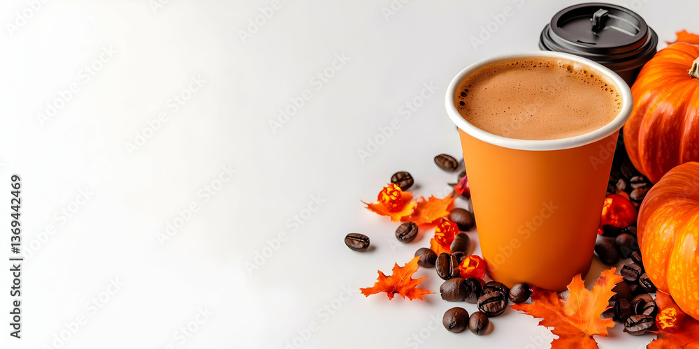 Autumnal Coffee Drink in Orange Cup with Pumpkins and Coffee Beans