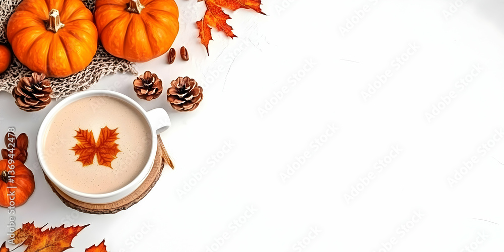 Autumnal Still Life: Coffee with Maple Leaf Design, Pumpkins, Pinecones, and Fall Leaves on White Background