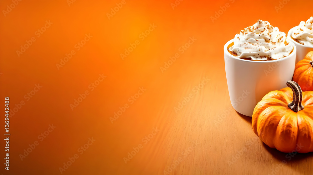 Autumnal Still Life: Pumpkin Spice Latte Cups with Whipped Cream Resting on a Wooden Surface Against an Orange Background