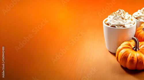 Obraz na płótnie Autumnal Still Life: Pumpkin Spice Latte Cups with Whipped Cream Resting on a Wooden Surface Against an Orange Background w salonie