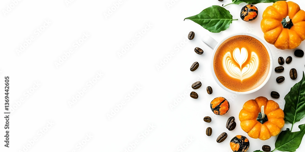 Autumnal Latte Art: Coffee Cup with Heart Design, Surrounded by Pumpkins and Coffee Beans on White Background