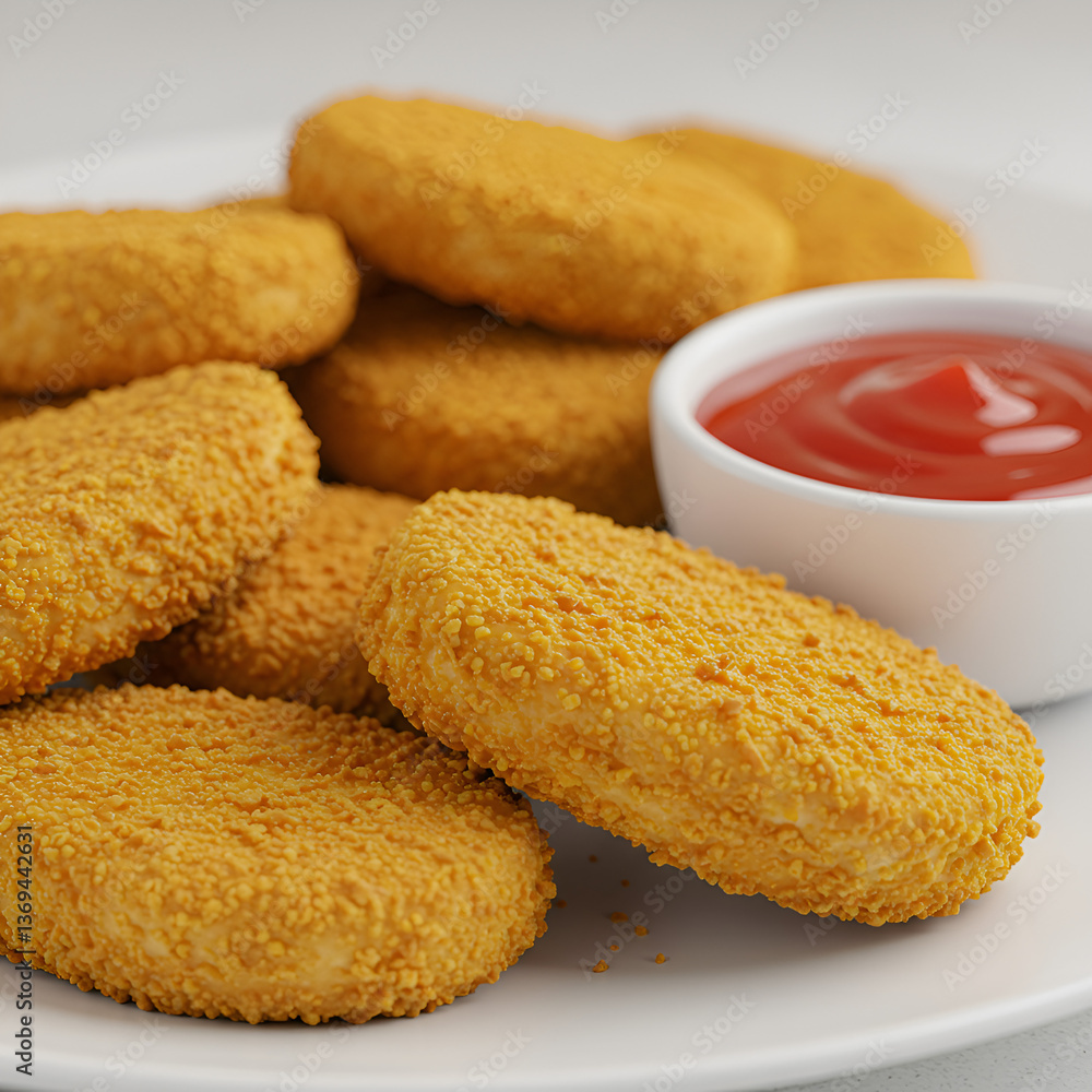 Close-Up Crispy Chicken Nuggets with Red Sauce Close-Up Crispy Chicken Nuggets with Red Sauce