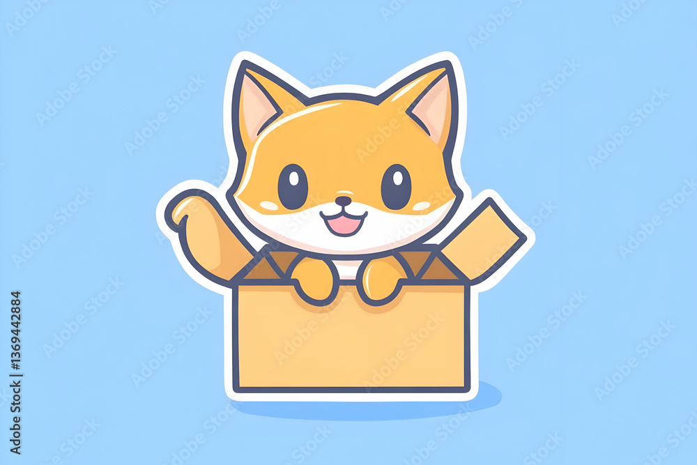 Cute Cartoon Fox Joyfully Peeking from a Cardboard Box Against a Light Blue Background