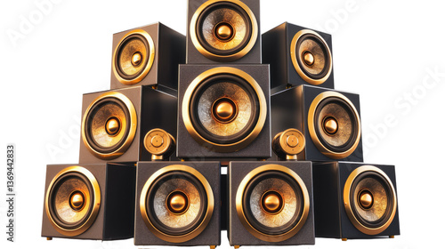 Echo Symphony: An array of modern sound systems, meticulously arranged, their warm gold and ebony tones resonating with the promise of aural excellence.