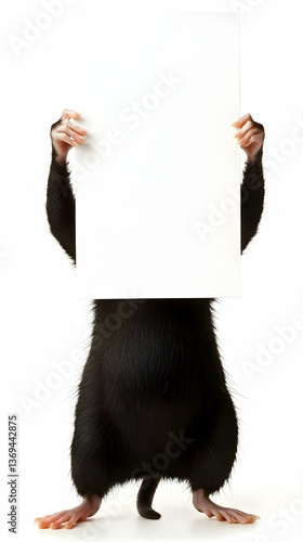 Obraz na płótnie Black Rat Holding Blank Sign, 3D Render, Advertisement, Isolated White Background, Realistic Fur Detail, Mockup Template w salonie