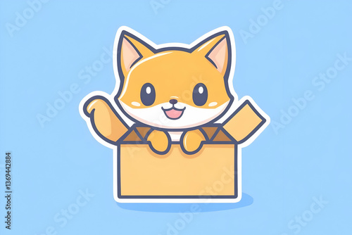 Obraz na płótnie Cute Cartoon Fox Joyfully Peeking from a Cardboard Box Against a Light Blue Background w salonie