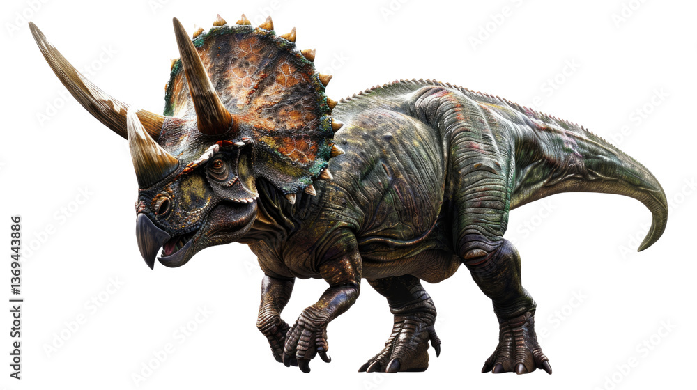 Obraz premium Prehistoric Powerhouse: A majestic Triceratops, with its distinctive frill and formidable horns, stands as a testament to the ancient world's awe-inspiring creatures.