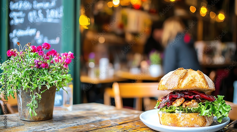 Fototapeta premium Closed sandwich with grilled chicken and avocado in a baguette loaf, cut in half revealing the filling, gourmet editorial style