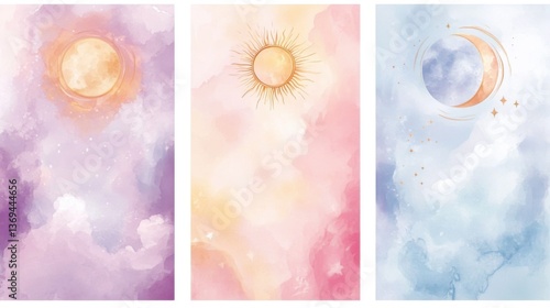 Watercolor astrology and tarot symbols Celestial Watercolor Sun Moon And Stars Sky Background