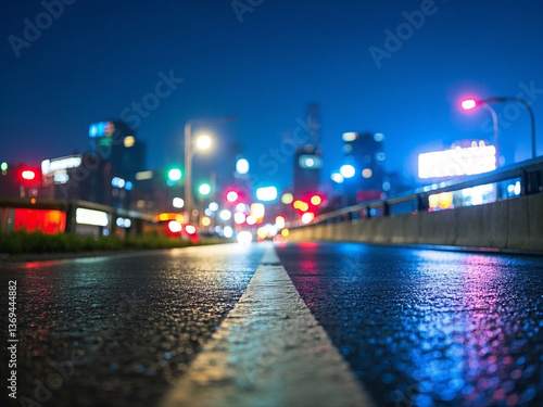 Turning asphalt road with marking lines and reflections with colorful unfocused lights on a background.