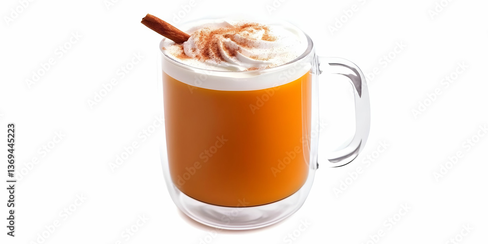 Aromatic Pumpkin Spice Latte with Whipped Cream and Cinnamon Stick in a Double-Walled Glass Mug, Autumn Beverage Photography