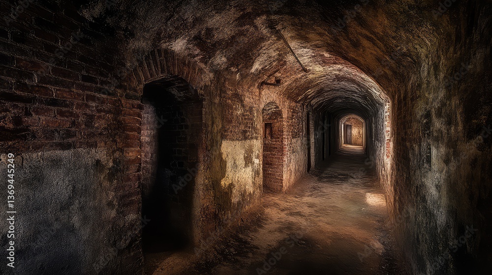 An underground tunnel with exposed brick walls, long narrow path, and dim lighting, creating a sense of intrigue and isolation. An underground tunnel with exposed brick walls, long narrow path, and dim lighting, creating a sense of intrigue and isolation.