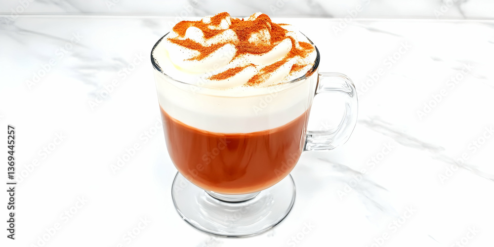 A Delicious Layered Coffee Drink with Whipped Cream and Cinnamon on a Marble Surface
