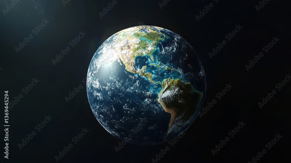 Fototapeta premium Realistic Earth model displaying land and ocean detail against dark background, showcasing its beauty.