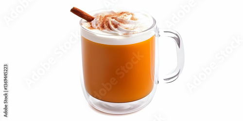 Obraz na płótnie Aromatic Pumpkin Spice Latte with Whipped Cream and Cinnamon Stick in a Double-Walled Glass Mug, Autumn Beverage Photography w salonie