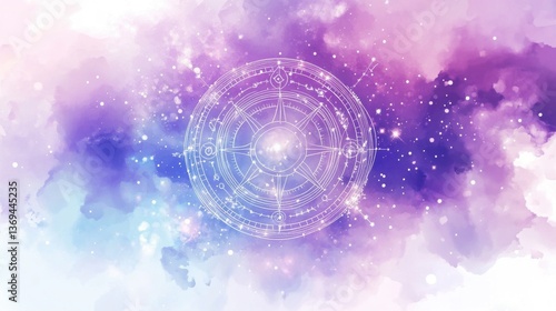 Watercolor astrology and tarot symbols Cosmic Mandala in Watercolor Galaxy: Pink, Purple, and Blue Hues