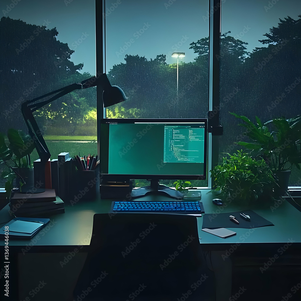 Rainy Night Desktop Setup: A Digital Workspace with a View of Green Trees and a Lit Streetlamp, Showcasing a Computer Screen Displaying Code and Surrounded by Plants, Books, and Writing Instruments.