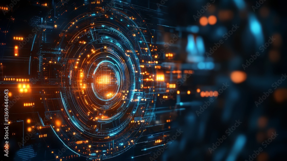 Obraz premium Futuristic Technology: Glowing circles and intricate patterns represent advanced technological concepts.