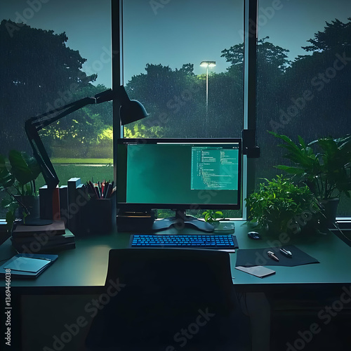 Obraz na płótnie Rainy Night Desktop Setup: A Digital Workspace with a View of Green Trees and a Lit Streetlamp, Showcasing a Computer Screen Displaying Code and Surrounded by Plants, Books, and Writing Instruments. w salonie