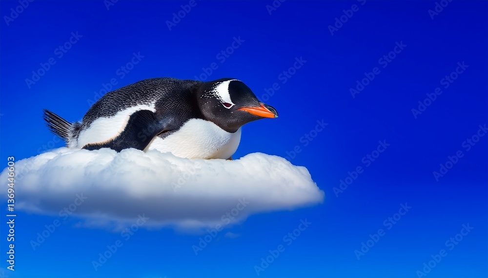 Fototapeta premium A lifelike penguin resting on a cloud drifting gently through the blue sky