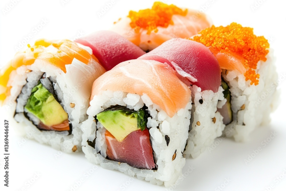 A cross-section view of a thick-cut sushi burrito filled with fresh sashimi, avocado, and sushi rice, beautifully detailed, white background. A cross-section view of a thick-cut sushi burrito filled with fresh sashimi, avocado, and sushi rice, beautifully detailed, white background.