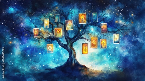 Watercolor astrology and tarot symbols Mystical Tarot Cards Hanging From Tree Branches Under Starlit Night Sky