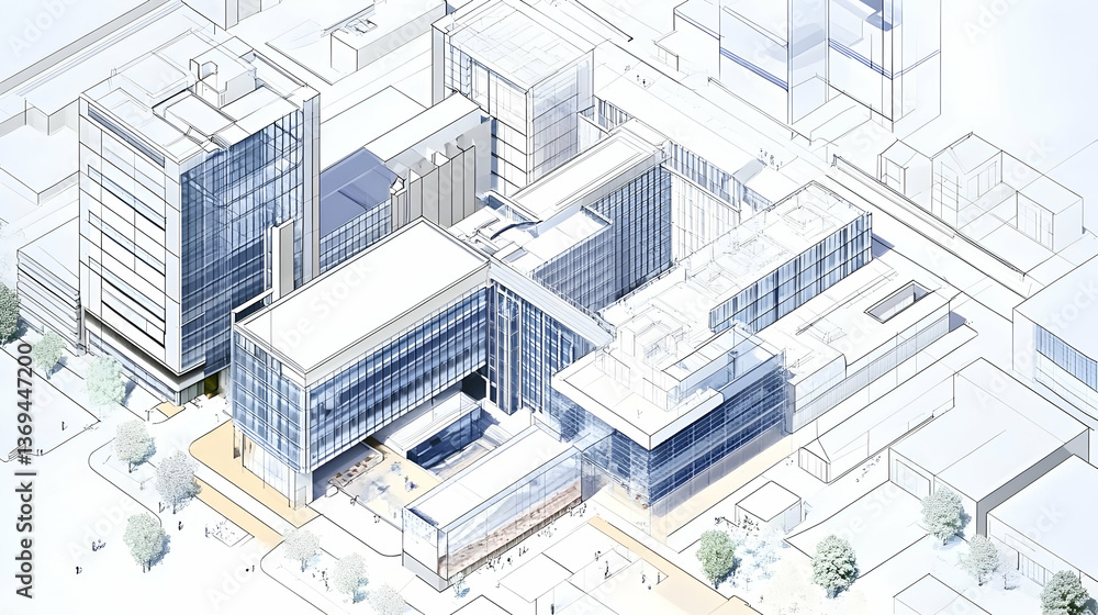 Architectural rendering of a modern glass and steel complex, showcasing detailed design elements and landscaping within a city setting. Architectural rendering of a modern glass and steel complex, showcasing detailed design elements and landscaping within a city setting.