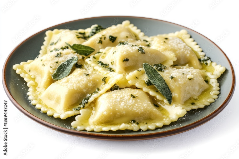 A delicate plate of ricotta and spinach-stuffed ravioli with sage butter sauce, isolated on a transparent background. A delicate plate of ricotta and spinach-stuffed ravioli with sage butter sauce, isolated on a transparent background.