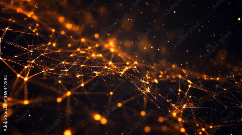Abstract network connecting nodes, creating a golden web in a dark space, symbolizing data transfer.