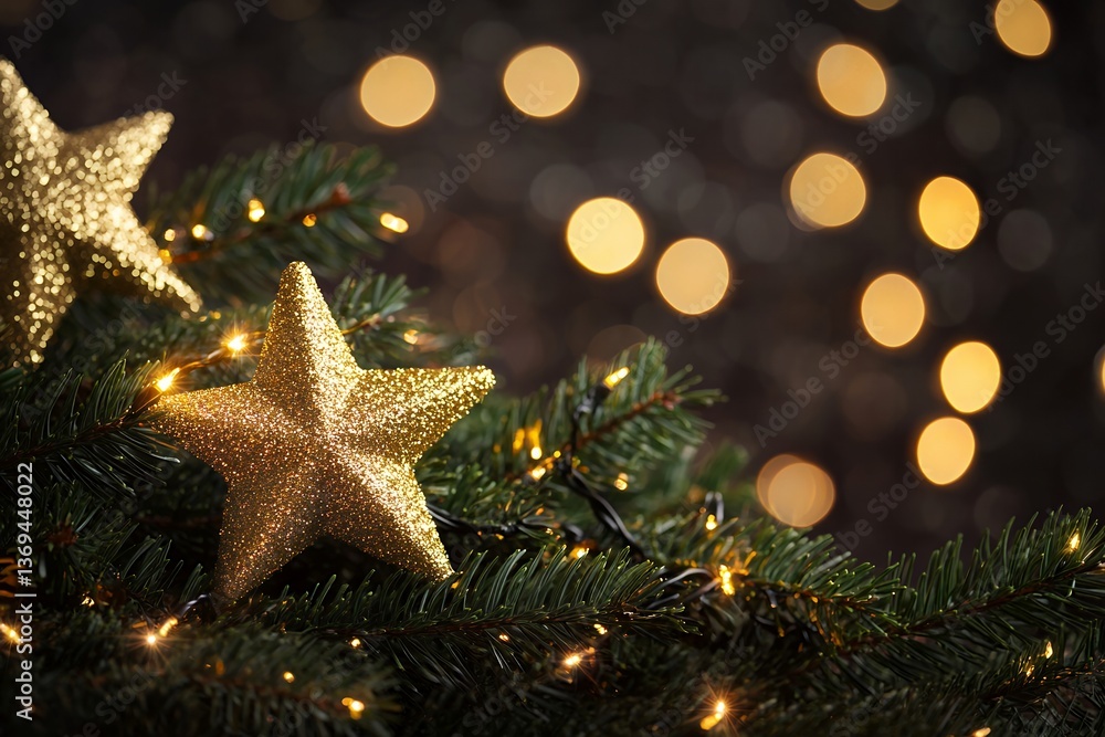 Golden stars and fir tree with festive bokeh lights in holiday decor Golden stars and fir tree with festive bokeh lights in holiday decor
