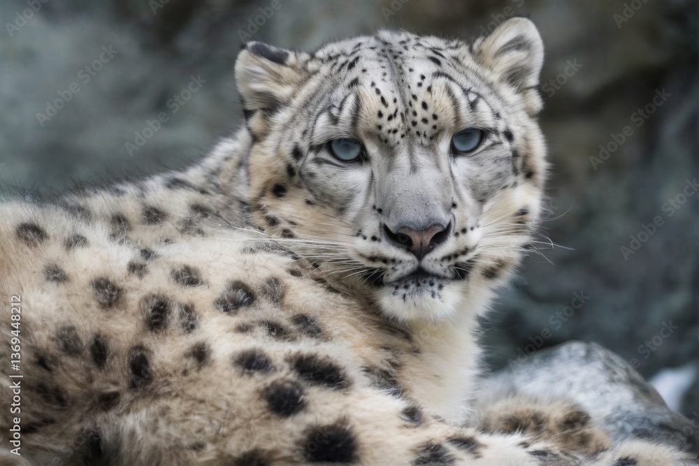 Naklejka premium Closeup portrait of a snow leopard lying gracefully with a serene gaze, immersed in a peaceful outdoor setting.