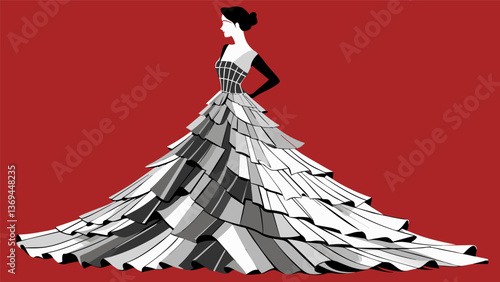 An elegant ball gown made from discarded newspapers and magazines intricately folded and arranged to create a stunning masterpiece that turns heads as. Vector illustration